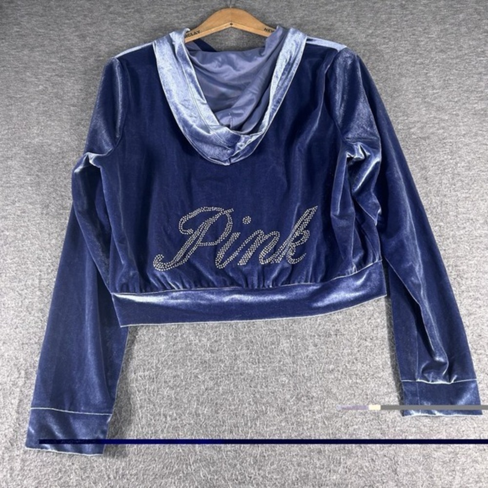 PINK Velour Hoodie Women's SZ M Purple Full Zip Victoria's Secret Y2K Bling Crop